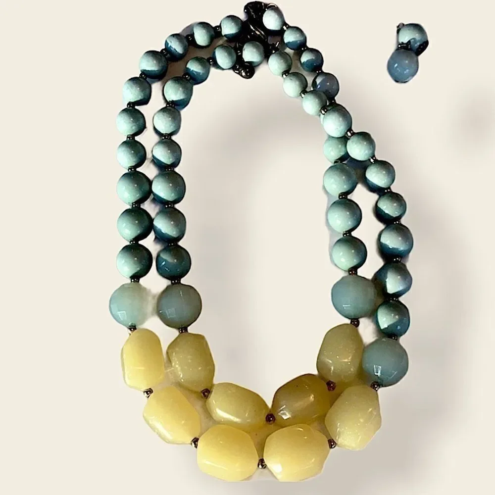 Yellow and Light Blue Beaded Necklace & Earrings!!